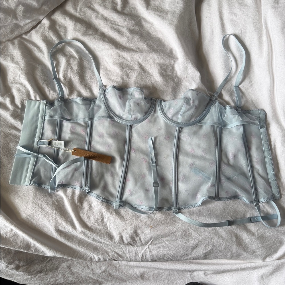 SKIMS Spring intimates Sheer Embroidered Corset Top in Light Blue pink florals - Picture 5 of 9